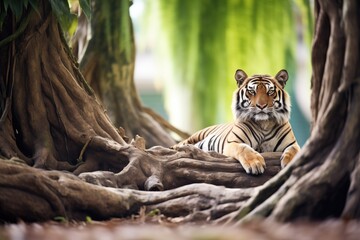 sumatran tiger resting in a shaded grove - obrazy, fototapety, plakaty