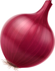 Realistic red raw onion, isolated whole vegetable. 3d vector unpeeled purple bulb plant boasts layers of intense flavor. Its vivid hue adds a striking touch to salads, salsas, and culinary creations - obrazy, fototapety, plakaty