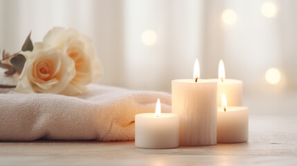Three lit candles cast a serene glow beside a fluffy towel and delicate roses, ,for luxury beauty, cosmetic, skincare, body care, aromatherapy,spa product display background - obrazy, fototapety, plakaty