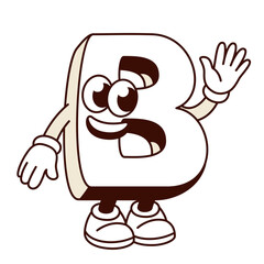 Groovy B alphabet letter cartoon character waving hand. Funny retro font mascot greeting, cartoon white B letter with hi, goodbye or welcome gesture. ABC sticker of 70s 80s vector illustration