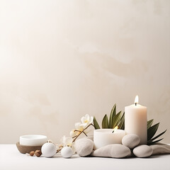 Fototapeta na wymiar Tranquil Spa Ambiance with Candles, Stones, and Orchid Blossoms for Relaxation for luxury beauty, cosmetic, skincare, body care, aromatherapy,spa product display background