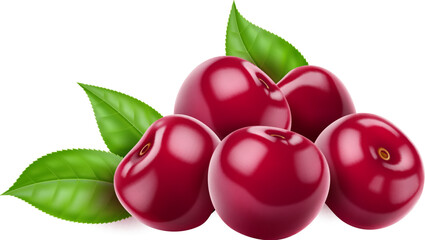 Realistic isolated ripe raw cherry berry bunch and leaves. 3d vector bountiful mound of berries, glistening with vibrant hues, tempting taste buds with their succulent allure and natural sweetness