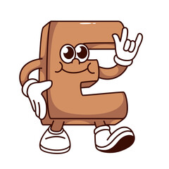 Groovy E alphabet letter cartoon character with horn gesture. Funny retro font mascot walking, cartoon brown glossy E letter with rock band sign, typography sticker of 70s 80s vector illustration