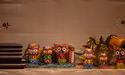 Hindu god jagannath idol made with wooden for worship.