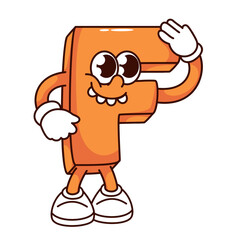 Groovy F alphabet letter cartoon character with funky smile and teeth. Funny retro font mascot smiling, cartoon F orange letter with comic expression, ABC sticker of 70s 80s vector illustration