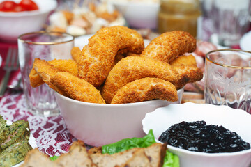 Crispy tempura shrimp. Seafood fried in deep oil with batter coating. Homemade party snack. Prawns...