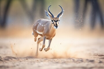 close-up of gazelle sprinting, dust flying