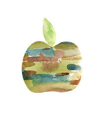 Apple with green leaf, applique cut from watercolor paper on a white background