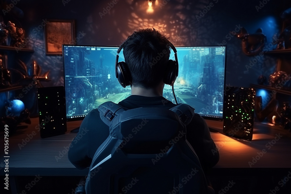 Poster generative ai back view photo image of guy sitting at home playing online game