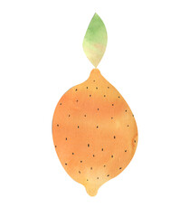 Yellow lemon with green leaf, applique cut from watercolor paper on a white background