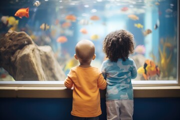 children watching fish at an aquarium