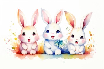 Illustration of watercolor rabbits on a white background