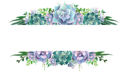 Greenery, succulent and branches frame border on top and bottom with copy space on white background. Template for invite or greeting card, banner, backdrop. Vector illustration.