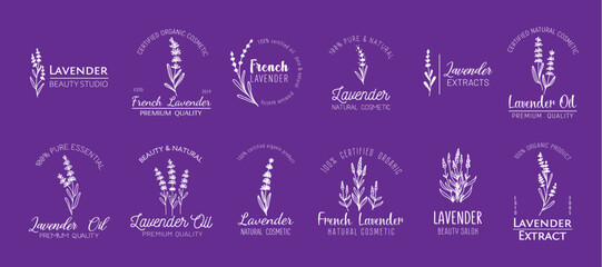 French lavender minimal logo. Oil, natural cosmetics and beauty symbols with lavender flowers isolated vector set on purple background. Linear labels, sleek, minimal design for for cosmetic brands - obrazy, fototapety, plakaty