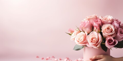 Banner with a bouquet of pink roses on a pink background.