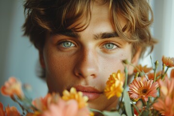 Close-up portrait of a young man with flowers in his hands