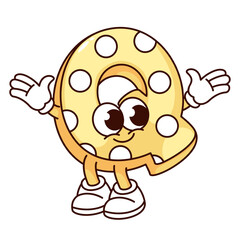 Groovy Q alphabet letter cartoon character greeting with hands up. Funny retro ABC mascot, cartoon yellow friendly letter Q with white polka dots, typography sticker of 70s 80s vector illustration