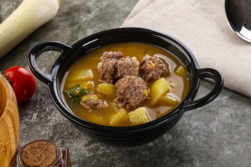 Soup with beef meatball and vegetables