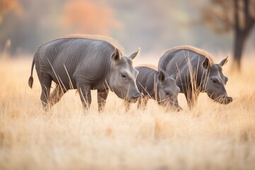 warthog family foraging in grassland