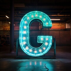 Alphabet capital letter G text. Futuristic neon glowing symbol, logo on dark grunge background.