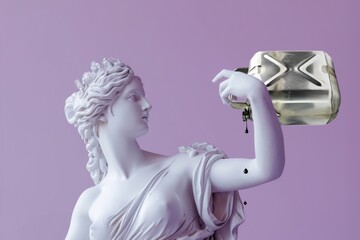 Statue of Europe with gasoline canister in hand on purple background. Concept of fuel crisis.