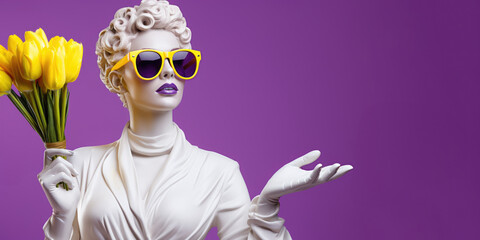 Statue of a woman with yellow tulips on a purple background.