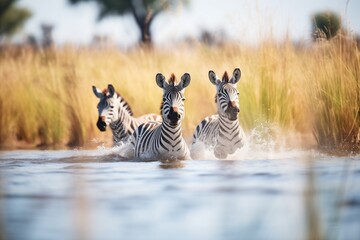 Fototapeta na wymiar zebras splashing in a waterhole surrounded by grass