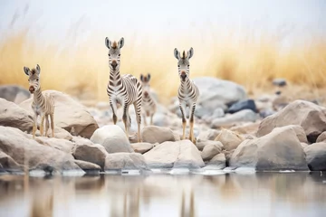 Tuinposter zebras alert for predators near a rocky waterhole © studioworkstock