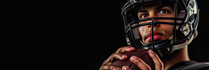 American football player in helmet holding ball, standing closeup on black background