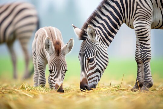 zebra foal grazing beside adults for protection - Powered by Adobe