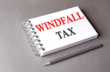 WINDFALL TAX word on notebook on grey background