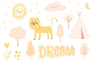 Nursery illustrations set, cute lion, trees and sun, cloud, moon. Simple scandinavian gender neutral drawings for kids posters and stationery. Vector art elements © Anna Kutukova