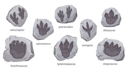 Dinosaur footprints fossil, archeology stones with dino foot silhouette, cartoon vector. Jurassic dinosaurs paw print trace of velociraptor, tyrannosaurus T-rex and stegosaurus or brachiosaurus © Buch&Bee