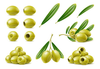 Realistic raw green olives. Isolated olive branch and leaves. Vector set of popular briny Mediterranean snack with vibrant green color and firm texture. Cuisine ingredient with seeds and seedless