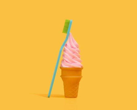 Toothbrush and delicious summer ice cream. Health care concept.