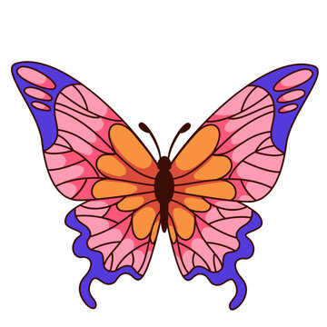 Groovy cartoon butterfly with purple, orange and pink pattern on wings. Funny retro flying tropical insect mascot, cartoon exotic and magic butterfly sticker boho style vector illustration