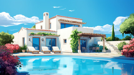 Fototapeta premium Summer Retreat: Mediterranean Charm with White Stucco and Refreshing Pool