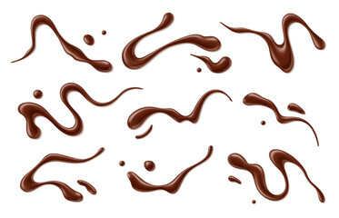 Chocolate sauce syrup drop, splash, stain and swirl. Isolated realistic 3d vector set of luscious drizzles of melt choco dessert. Indulgent delight, enticing taste buds with its sweet, decadent allure - obrazy, fototapety, plakaty