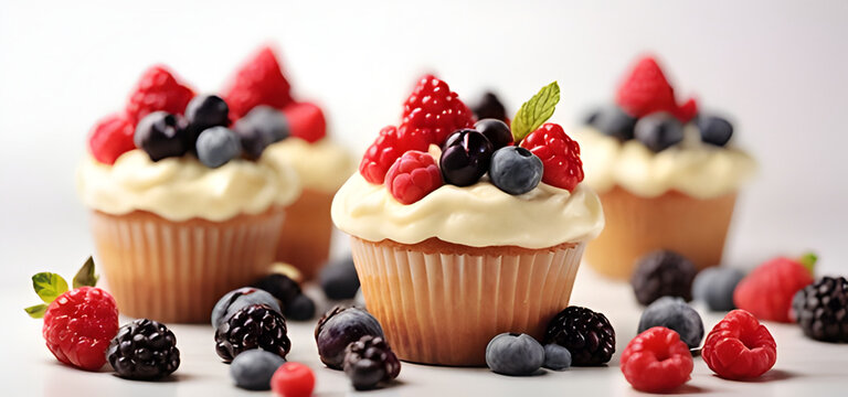 Cupcakes with cream and berries isolated on white background. generated  by AI