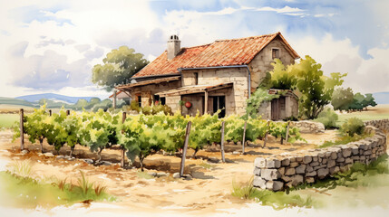 Fototapeta na wymiar Aquarelle Serenity: Artistic Rendering of a Stone House Surrounded by Lush Vineyards
