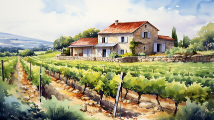Aquarelle Serenity: Artistic Rendering of a Stone House Surrounded by Lush Vineyards