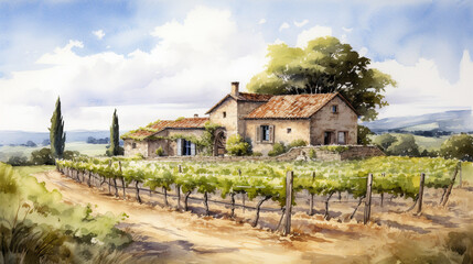 Rustic Charm in Watercolor: Traditional Stone House with Breathtaking Vineyard