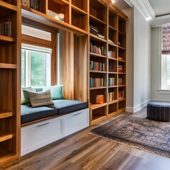 A cozy reading nook tucked under a staircase with built-in bookshelves1 - obrazy, fototapety, plakaty