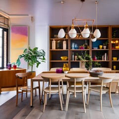 An eclectic dining space with mismatched chairs and colorful pendant lights4