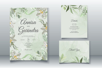 Fototapeta na wymiar white flower and leaves wedding invitation template set with watercolour background Premium Vector