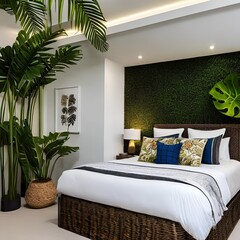 A tropical-themed bedroom with palm leaf patterns and rattan furniture1