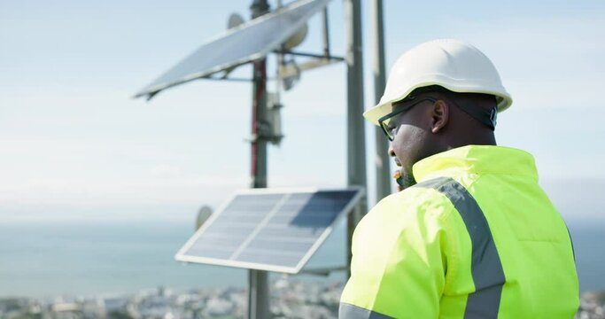 Solar panel, contractor or black man on a phone call for communication, advice or building project. Outdoor, energy or builder in conversation for architecture, planning or construction inspection