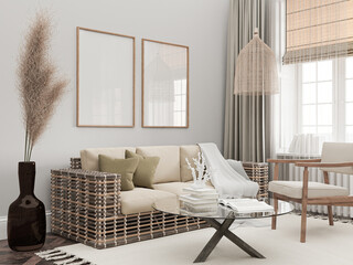 Mockup poster frame in scandinavian, tropical, rustic, minimal, bohemian, style living room interior, background, 3d rendering.