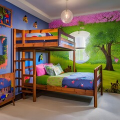 A whimsical kids room with a treehouse bed and playful wall murals1