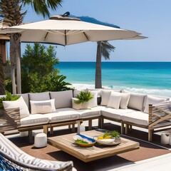 Obraz premium A coastal-inspired outdoor lounge with hammocks and beach-themed decor4